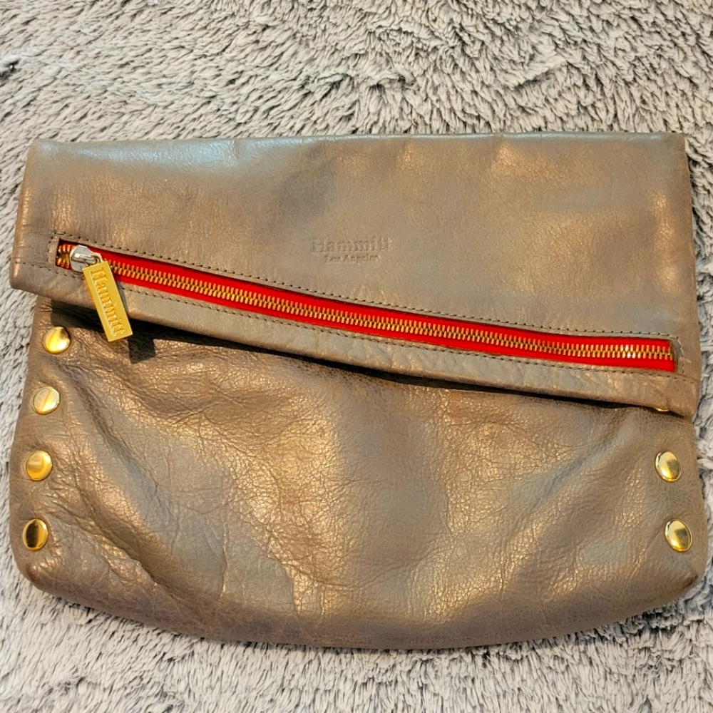 Hammitt VIP Pewter Clutch with Red Zipper